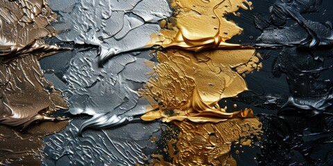 A lavish mix of gold, silver, and bronze metallic paints against a black backdrop showcases luxury