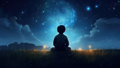 In the quiet of the night, a child looks up at the stars, symbolizing the endless possibilities and aspirations of childhood