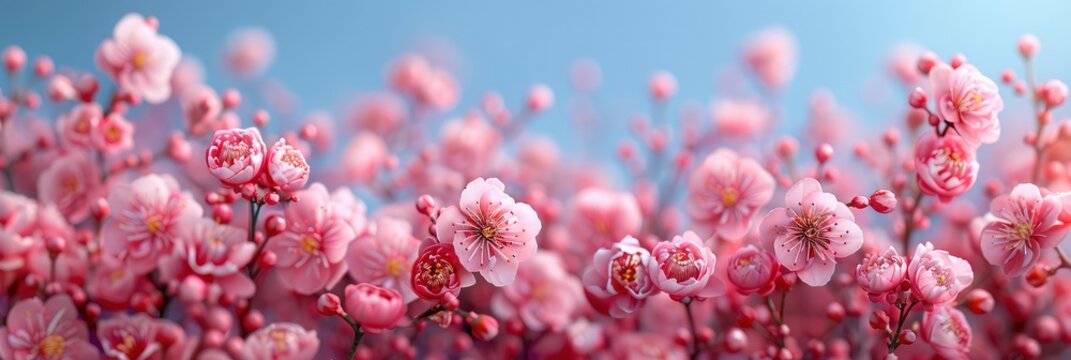 Sakura Blossom Branches Against Blue Sky, Banner Image For Website, Background, Desktop Wallpaper