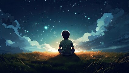 Under the canopy of stars, a child's hopeful gaze reflects the dreams and aspirations that illuminate the night. - obrazy, fototapety, plakaty