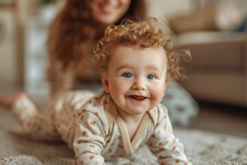 Fototapeta premium Happy 8 month caucasian baby in beige pajamas jolly crawls on the stomach across the floor looks and smiles at camera. First steps of infant. Child development. Child care, babyhood