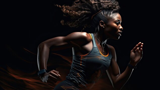 A strong female sprinter runs with intensity against a black background.