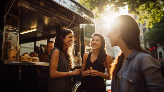 Three graceful young women approach a cozy food truck, their faces aglow with anticipation as they queue up to order meatballs