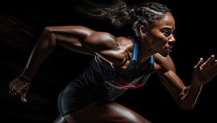 A strong female sprinter runs with intensity against a black background.