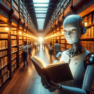 Library with AI Robot and Person in library, ai generated