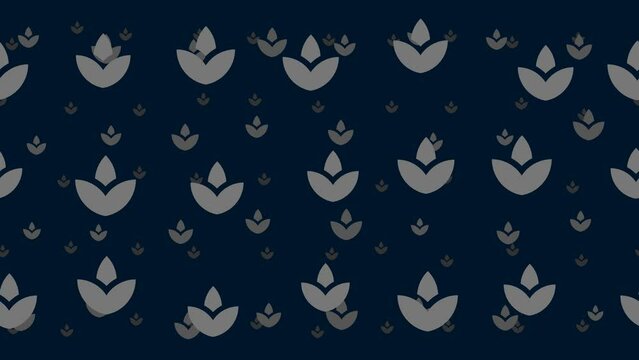 Water lily symbols float horizontally from left to right. Parallax fly effect. Floating symbols are located randomly. Seamless looped 4k animation on dark blue background