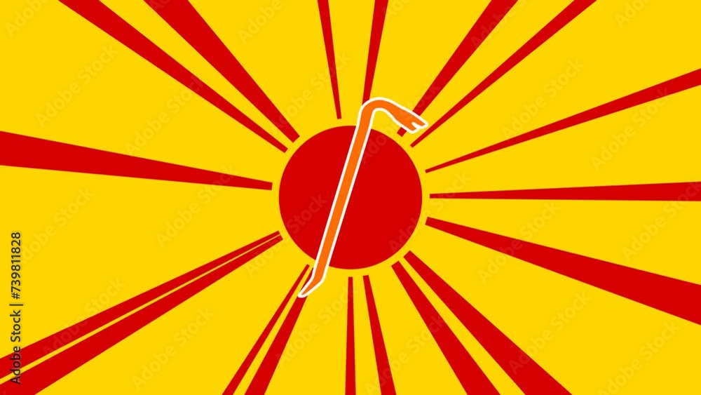 Poster crowbar symbol on the background of animation from moving rays of the sun. large orange symbol incre
