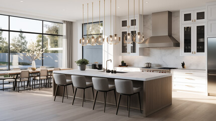 Step into the kitchen of a stunning new luxury home, where sleek modernity meets timeless elegance. The spacious interior features a beautiful kitchen