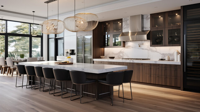  a stunning new luxury home, characterized by sleek modernity and timeless elegance. The spacious interior showcases a beautiful kitchen