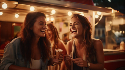  a charming food truck selling delectable meatballs, as three charming young women are drawn to it, their laughter and excitement contributing to the lively ambiance of the scene