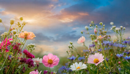 Obraz na płótnie Canvas Beautiful colorful flowers with pastel sky and clouds background, Idyllic Meadow landscape 