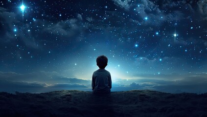 In the quiet of the night, a child looks up at the stars, symbolizing the endless possibilities and aspirations of childhood - obrazy, fototapety, plakaty