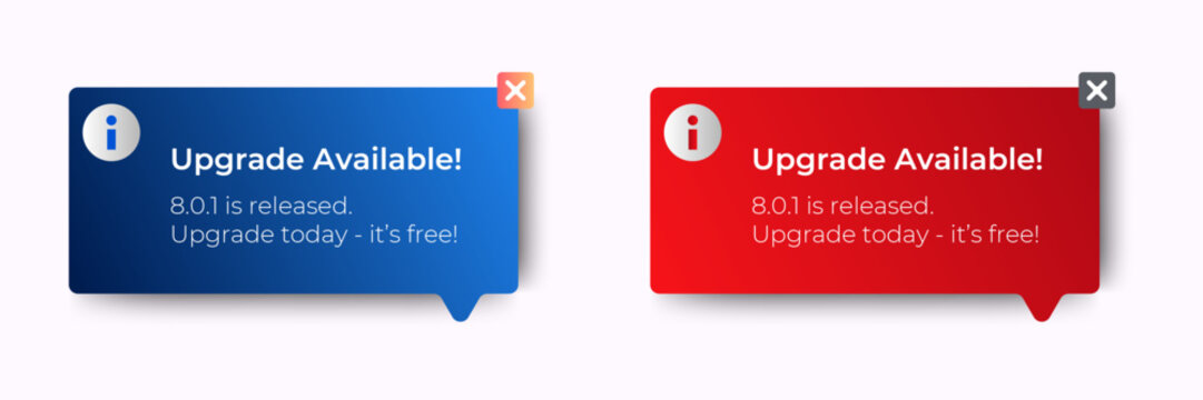 Upgrade available banner notification pop up design with red and blue background. app update. User-friendly design materials. isolated background. vector
