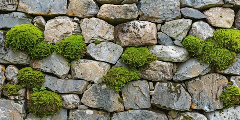 Eroded stone wall with moss growth, depicting time's effect on structures