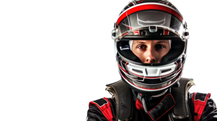male motorsport driver in uniform isolated on transparent and white background.PNG image	