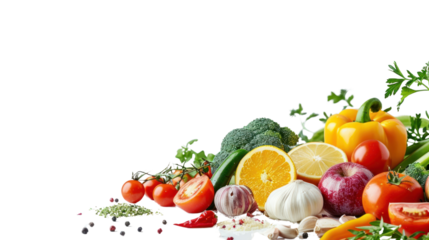 Food photography different fruits and vegetables isolated on transparent and white background.PNG image	