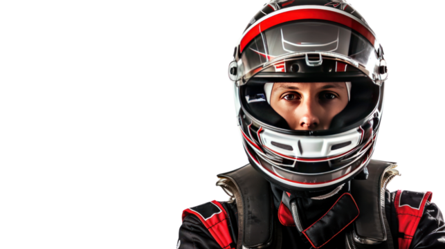male motorsport driver in uniform isolated on transparent and white background.PNG image