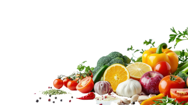 Food photography different fruits and vegetables isolated on transparent and white background.PNG image	