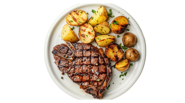 grilled beef steak and potatoes on plate isolated on transparent and white background.PNG image