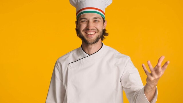Italian Chefcook Dressed Uniform Looking Happy Smiling Camera Colorful Background Man Chef Hat Posing Studio