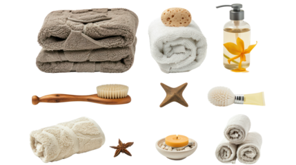 bath accessories and towels isolated on transparent and white background.PNG image