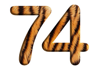The shape of the number 74 is made of tiger fur or tiger skin isolated on transparent background. suitable for birthday, anniversary and memorial day templates