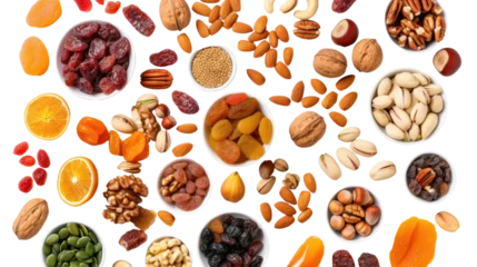 Fotobehang variety of dried fruits and assorted nuts. isolated on transparent and white background.PNG image © CStock