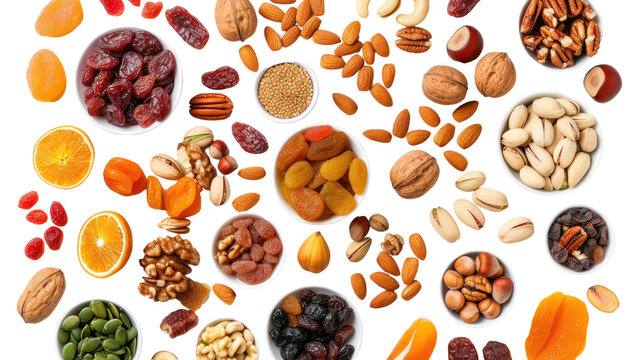 variety of dried fruits and assorted nuts. isolated on transparent and white background.PNG image