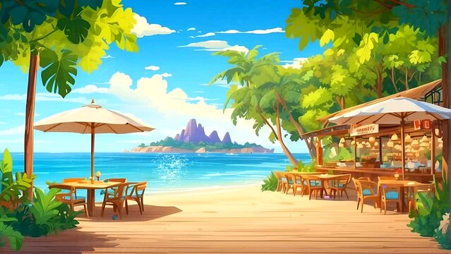 Restaurant view on a tropical beach with green trees and blue sky. Seamless looping 4k time-lapse video animation background