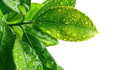 leaves with drops isolated on transparent and white background.PNG image