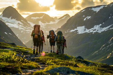 Obraz premium Hikers walking on a mountain