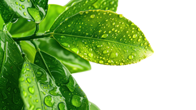 leaves with drops isolated on transparent and white background.PNG image