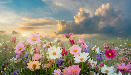 Obraz premium Beautiful colorful flowers with pastel sky and clouds background, Idyllic Meadow landscape 