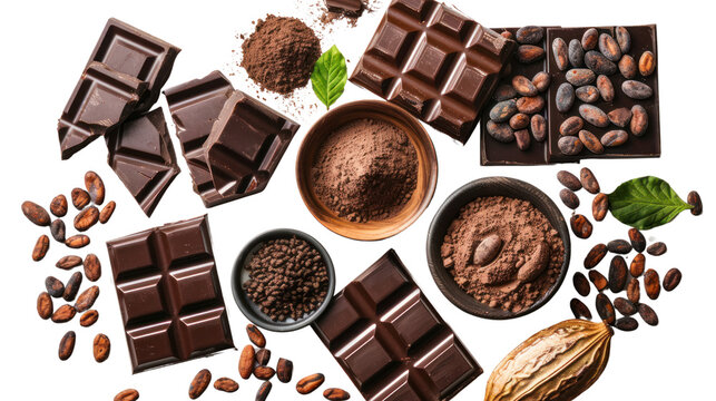 Chocolate ingredients, cocoa pods, cocoa beans,  isolated on transparent and white background.PNG image
