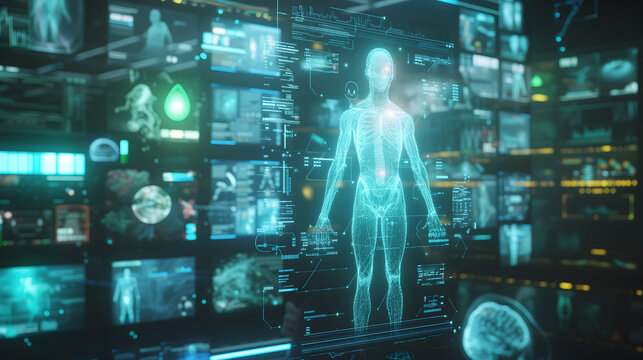 A hologram board showing human full body analysist in green color scheme, side view.