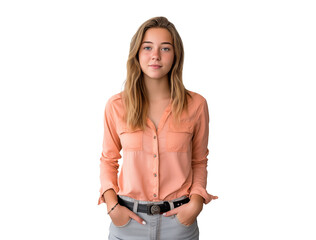Fototapeta premium isolated png portrait of gentle young woman with hands in pockets in casual attire