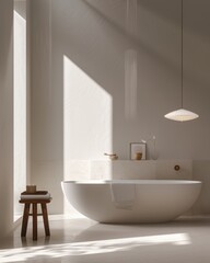 Fototapeta na wymiar Luxurious and minimalist bathroom with sunlight casting shadows on smooth walls and a modern bathtub