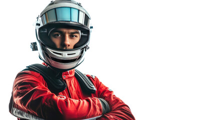 male motorsport driver in uniform isolated on transparent and white background.PNG image