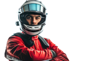 male motorsport driver in uniform isolated on transparent and white background.PNG image
