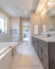 Fototapeta premium Spacious and well-lit modern bathroom design with contemporary fixtures and neutral colors