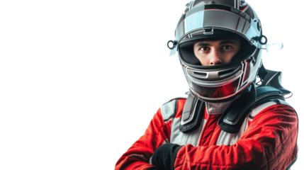 male motorsport driver in uniform isolated on transparent and white background.PNG image