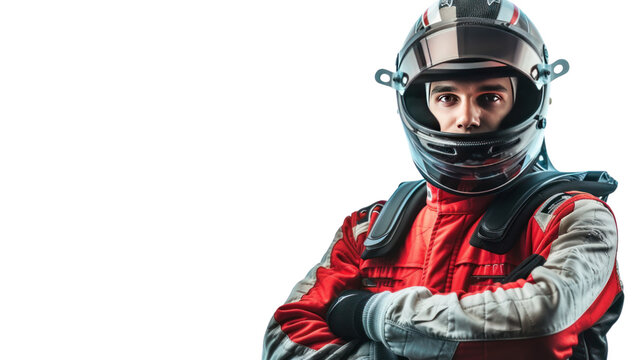 male motorsport driver in uniform isolated on transparent and white background.PNG image
