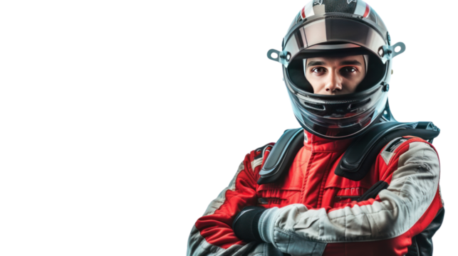 male motorsport driver in uniform isolated on transparent and white background.PNG image