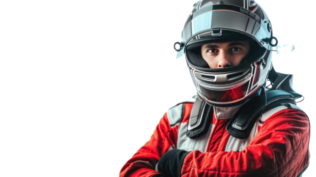 male motorsport driver in uniform isolated on transparent and white background.PNG image