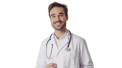 Handsome male doctor in uniform smiling isolated on transparent and white background.PNG image