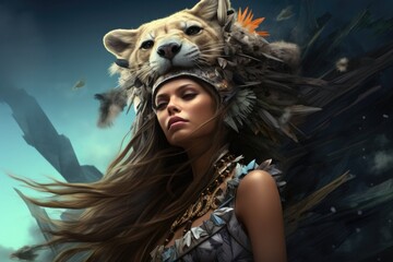 Portrait of a female Tribal Chief with a big cat's head on her head