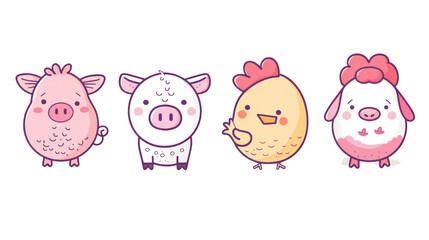 Obraz premium Pig, cow, sheep, hen chicken, egg icon. Cute round face head. isolated on transparent and white background.PNG image