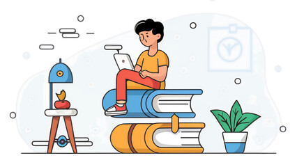 An illustration of a student sitting on top of a stack of books, doing homework