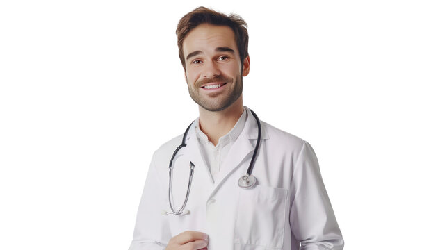 Handsome male doctor in uniform smiling isolated on transparent and white background.PNG image
