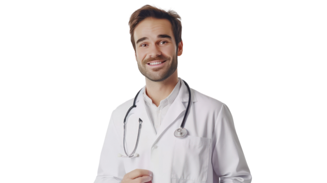 Handsome male doctor in uniform smiling isolated on transparent and white background.PNG image